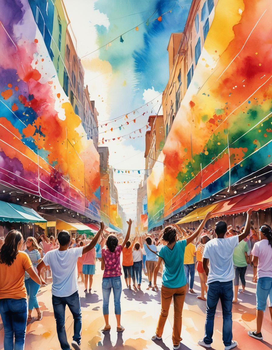 A vibrant festival scene showcasing diverse artists collaborating on a large mural, surrounded by spectators engaging in various creative activities like dance, music, and painting. Colorful banners and painted canvases fill the background, symbolizing the fusion of creativity and entertainment. Highlight joyous expressions and artistic interactions among people of different ages and backgrounds. The atmosphere should evoke inspiration and community spirit. bright colors. lively and dynamic composition. watercolor style.