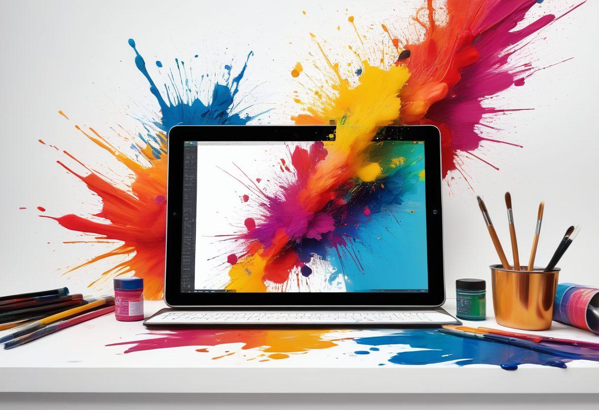 A split scene showcasing a vibrant artist's canvas on one side, displaying colorful paint strokes and textures, and a sleek digital tablet on the other, featuring graphic design software in action. The background blends artistic elements like paint splatters and digital pixels. Include visual symbols of contemporary media like social media icons and digital screens seamlessly integrated into the design. super-realistic. vibrant colors. white background.