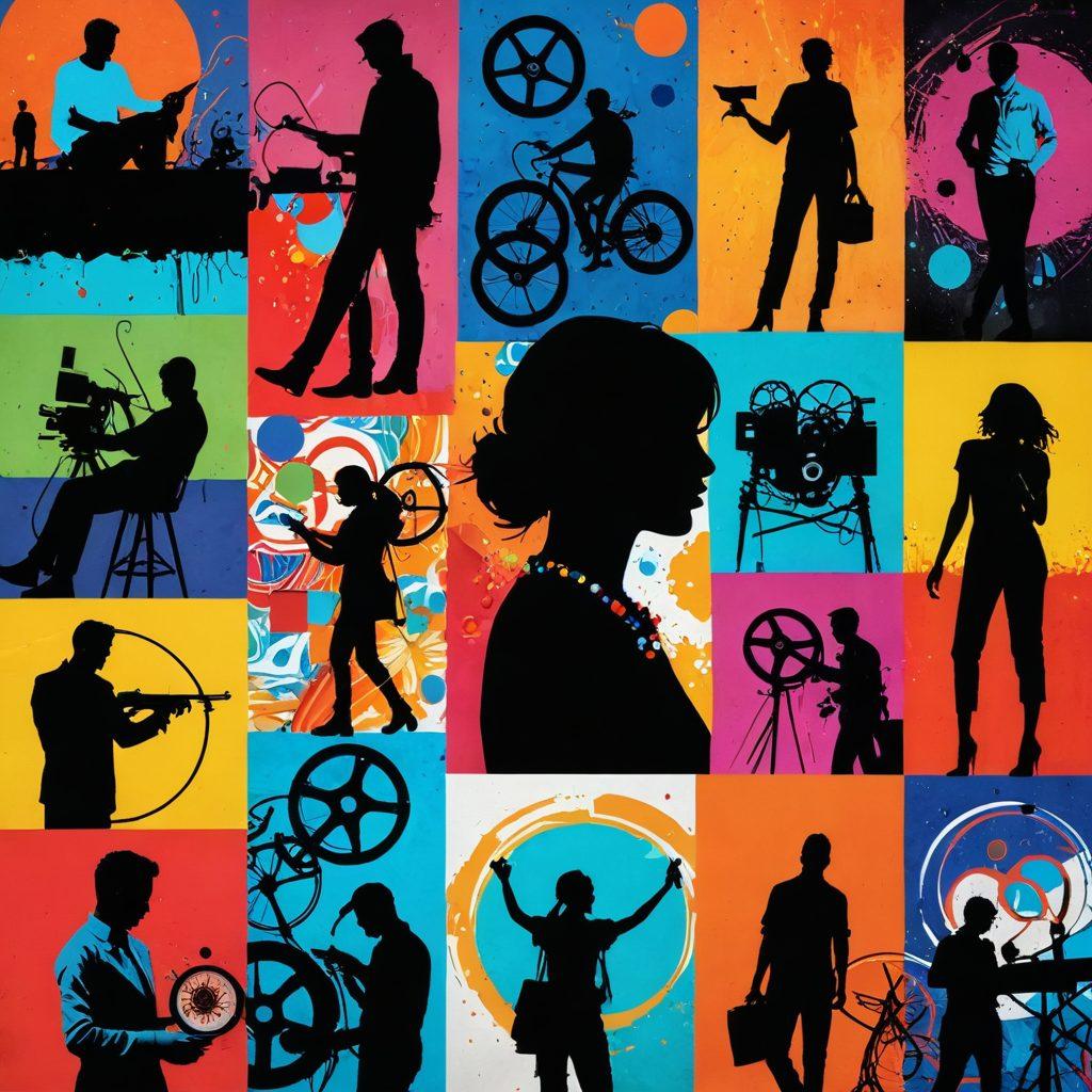 A vibrant collage featuring a diverse array of artistic mediums such as painting, digital art, and photography, intertwined with elements of modern media like film reels and social media icons. The backdrop should be an abstract representation of creativity, with splashes of color symbolizing trends and events. Include silhouettes of artists in action, engaging in various forms of expression. The overall atmosphere should convey a sense of dynamic movement and innovation. vibrant colors. contemporary collage style.